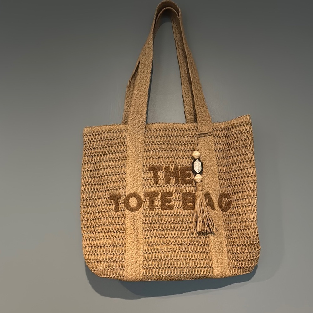 Tan Woven Tote Bag with Basket-Weave Texture - Picture 2 of 7